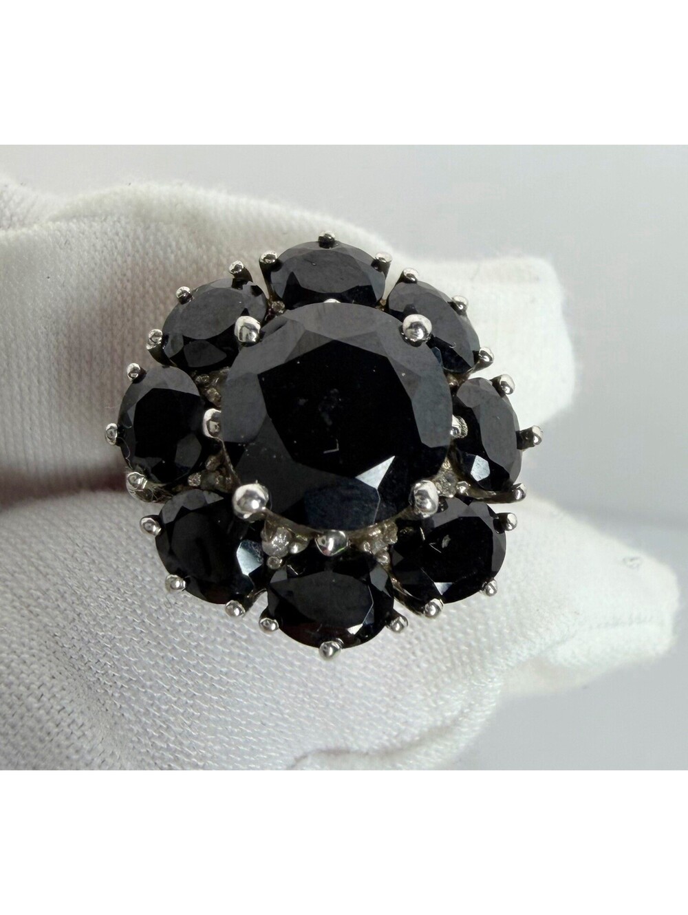 STS Vintage 925 Sterling Silver Black Spinel Cluster Flower Statement Ring 6